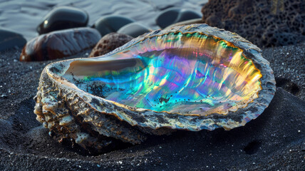 Fototapeta premium Iridescent shell on black sand beach