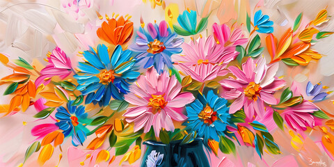 Bright Floral Explosion: Colorful Blossoms in a Vase Against Soft Pastel Background