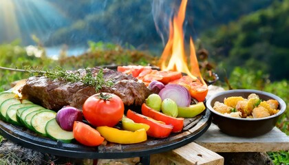 キャンプで、ビールとカラフルな野菜と、分厚い牛肉をBBQする様子