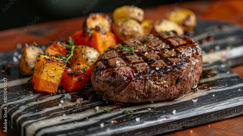 Wall mural Grilled steak and vegetables on a plate. - Wall murals