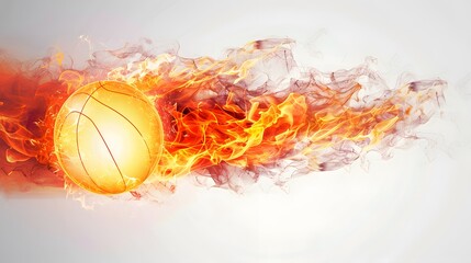 Flying basketball ball with fire flame trails, vector sport game background. sport ball flying in fire flames in white background, fireball burning in speed motion.