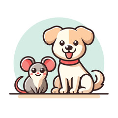 A cute cartoon of a dog and a mouse sitting together and smiling