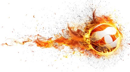 Flying volleyball ball with fire flame trails, vector sport game background. sport ball flying in fire flames in white background, fireball burning in speed motion.