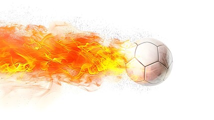 Flying football soccer ball with fire flame trails, vector sport game background. sport ball flying in fire flames in white background, fireball burning in speed motion.