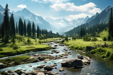 Kazakhstan landscape. Serene Mountain River Landscape with Lush Greenery and Clear Blue Skies.