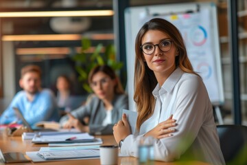 Woman lead trainer speaking with flip chart to colleagues at meeting