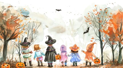 Capture the excitement of children trickortreating in colorful costumesWater color,  hand drawing