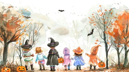 Fototapeta premium Capture the excitement of children trickortreating in colorful costumesWater color, hand drawing