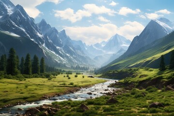 Kazakhstan landscape. Majestic Rocky Mountains with Lush Green Valley and Flowing River.