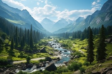 Kazakhstan landscape. Idyllic Mountain Valley Landscape with River and Lush Vegetation.