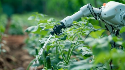 The robot works on the farm using new artificial intelligence technologies in agriculture. An automated farmer is engaged in automatic watering. Innovation and the future in business.