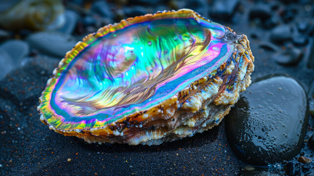 An iridescent abalone shell on rocks