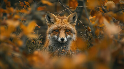 Obraz premium A red fox peeked out from behind the autumn leaves