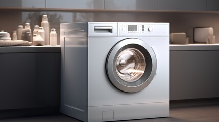 A modern washing machine with a stainless steel drum and contemporary white exterior, stands elegantly in a spacious laundry room, adding sophistication to the decor.