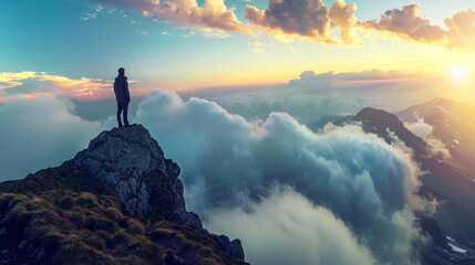 A person standing on the rocks at the level of the clouds watches the sunset