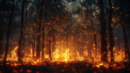 Digital forest on fire with a countdown timer, symbolizing the climate tipping point, highly detailed 3D render