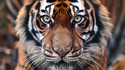 Obraz premium Tiger Head Closeup with Vibrant Colors and Wide Eyes: Perfect for Prints or Wallpaper. Concept Wildlife Photography, Animal Closeups, Vibrant Colors, Nature Portraits, Unique Wallpapers