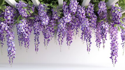 A white wall with purple flowers hanging from it