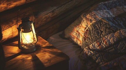 Rustic cabin bedroom, log details, close-up on handmade quilt and lantern, ambient warm light 