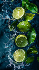 Wide panoramic fruit juice cafe background photo with real set of lime pieces exploding with water...