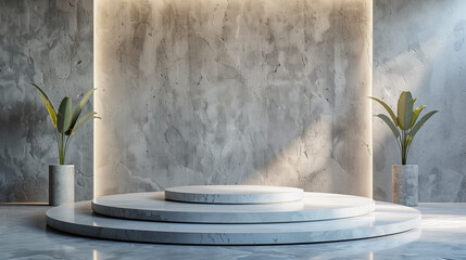 Concrete stage with textured walls in natural light. Empty copy space. Natural lighting and shadows. Generative AI