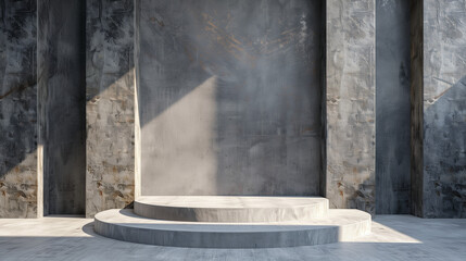 Concrete stage with textured walls in natural light. Empty copy space. Natural lighting and shadows. Generative AI