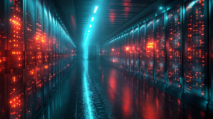 Render of Modern Data Technology Center Server Racks in Dark Room with VFX. Visualization Concept of Internet of Things, Data Flow, Digitalization of Internet Traffic. Complex Equipment Warehouse.