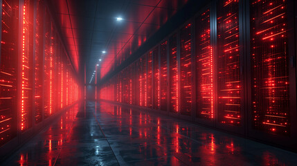 Render of Modern Data Technology Center Server Racks in Dark Room with VFX. Visualization Concept of Internet of Things, Data Flow, Digitalization of Internet Traffic. Complex Equipment Warehouse.