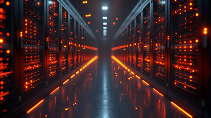 Render of Modern Data Technology Center Server Racks in Dark Room with VFX. Visualization Concept of Internet of Things, Data Flow, Digitalization of Internet Traffic. Complex Equipment Warehouse.
