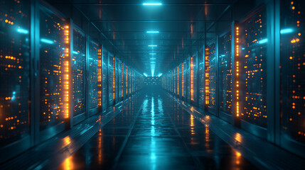 Render of Modern Data Technology Center Server Racks in Dark Room with VFX. Visualization Concept...