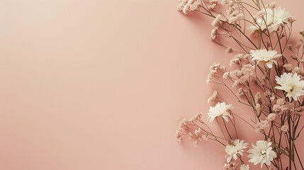 Empty copy space for design with dried flowers arrangement on a soft pink background.  Generative AI