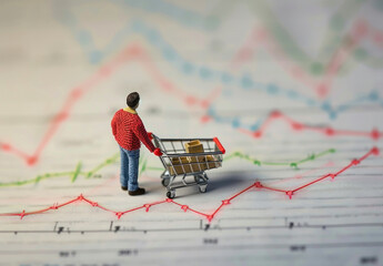 Conceptual image of a miniature man pushing a shopping cart on top of a graph of stock market data
