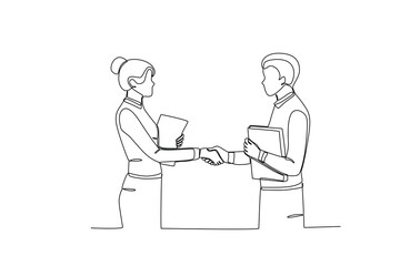 Single continuous line drawing of young Coworkers shaking hands. Business agreement celebration concept continuous line graphic draw design vector illustration