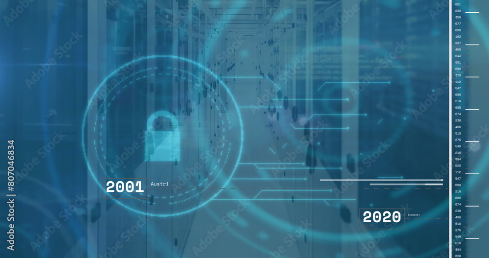 Poster image of security padlock icon and data processing against computer server room