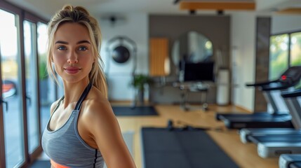 Obraz premium Graceful Young Woman Posing in Modern Gym During Morning Workout, Bright Interior and Positive Energy