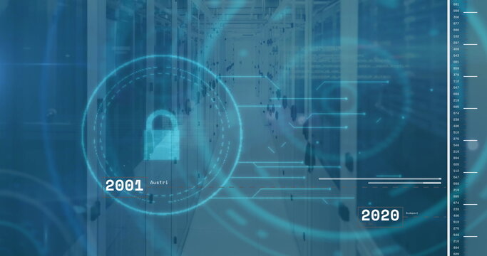 Image of security padlock icon and data processing against computer server room