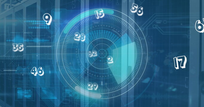Image of multiple numbers floating over round scanner against computer server room - Powered by Adobe