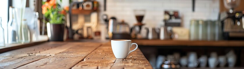 A solitary white coffee cup sits on a wooden table in a coffee shop. The background is blurry. The cup is in focus.