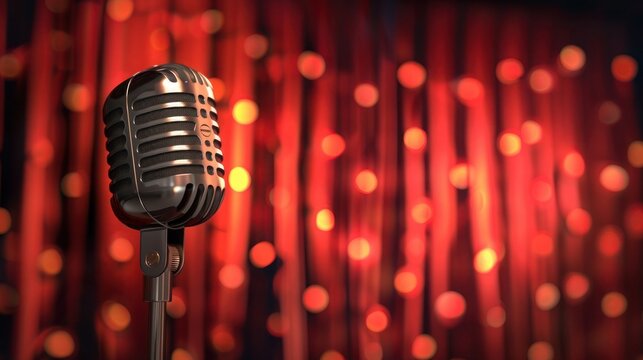 Karaoke invitation, open mic night flyer design, neon red light on blur background