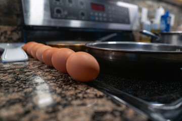 Eggs lined up next to the cooking pan