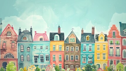 Create a whimsical scene of a row of houses with colorful facades and intricate detailsWater color,  hand drawing