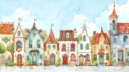Create a whimsical scene of a row of houses with colorful facades and intricate detailsWater color,  hand drawing