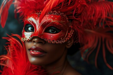 african american woman wearing a carnival mask with feathers