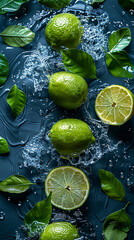 Wide panoramic fruit juice cafe background photo with real set of lime pieces exploding with water...