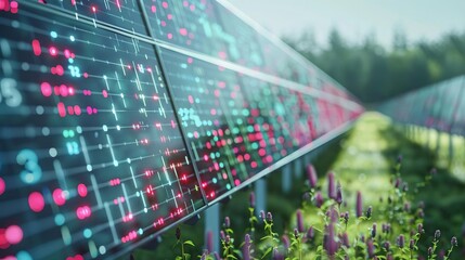 Carbon neutrality digital countdown in 3D, minimalist style, displayed over a solar farm - obrazy, fototapety, plakaty