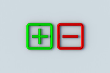 Pros and cons. Right and wrong choice. Strengths and weaknesses concept. Risk regulation. Advantages and disadvantages. Plus, minus symbol made from metallic wire. 3d render