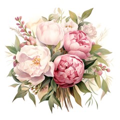 A beautiful bouquet of pink and white peonies with green leaves.