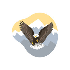 Large wild flying eagle with outstretched wings front view flat style