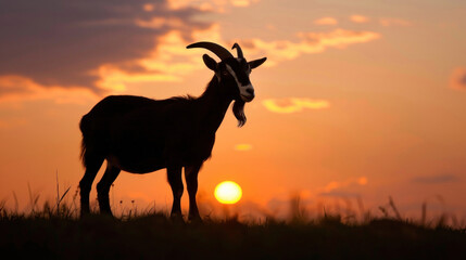 Silhouette of a goat at a beautiful sunset in a field, on a farm for eid-ul-adha, banner, copy space