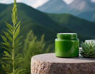 Naklejka premium Green jar with with cosmetics product on stone podium in front of mountain background , freshness and revigorating skin care product